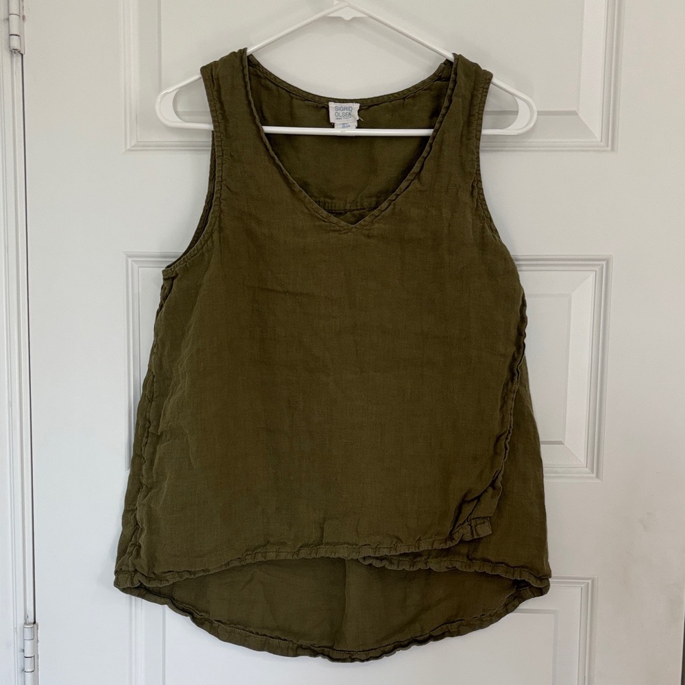 Sigrid Olsen Olive Green Sleeveless Linen Blend V-Neck Blouse